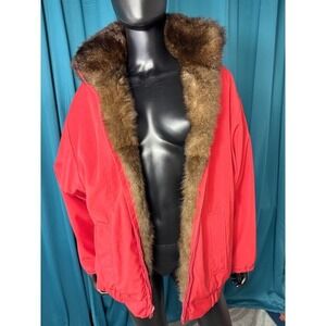 Vintage Red Fur Lined Bomber Jacket Heavy Winter Coat Real Fur Trimmed Collar